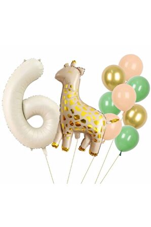 Zürafa 6 Yaş Balon Set Yıldız Balon Folyo Set Konsept Doğum Günü Set Yaş Balon Set