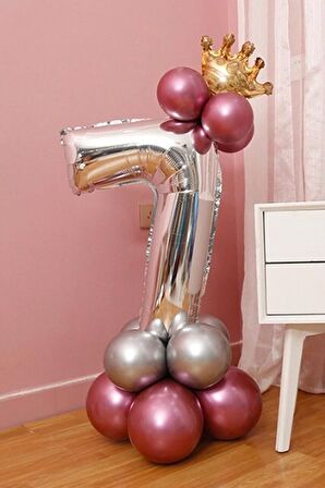 7 Yaş Krom Pembe-Gümüş Renkler Altın Taçlı Balon Seti