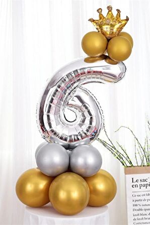 Gümüş Renk 6 Yaş Krom Gold-gümüş Renkler Altın Taçlı Balon Seti