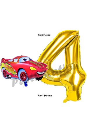 Cars Arabalar Balon Konsept 4 Yaş Balon Set Şimşek Mcqueen Balon ve Gold Rakam Balon Doğum Günü Set