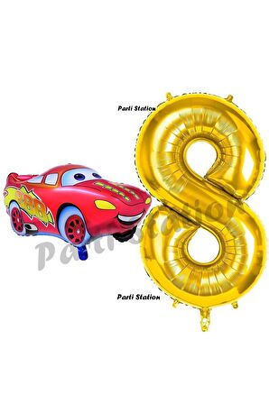 Cars Arabalar Balon Konsept 8 Yaş Balon Set Şimşek Mcqueen Balon ve Gold Rakam Balon Doğum Günü Set