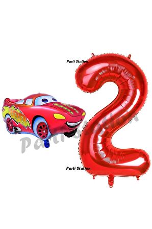 Cars Arabalar Balon Konsept 2 Yaş Balon Şimşek Mcqueen Balon ve Kırmızı Rakam Balon Doğum Günü Set