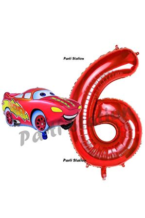 Cars Arabalar Balon Konsept 6 Yaş Balon Şimşek Mcqueen Balon ve Kırmızı Rakam Balon Doğum Günü Set