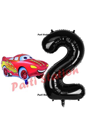 Cars Arabalar Balon Konsept 2 Yaş Balon Şimşek Mcqueen Balon ve Siyah Rakam Balon Doğum Günü Set