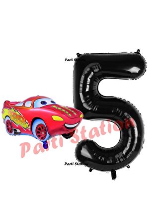 Cars Arabalar Balon Konsept 5 Yaş Balon Şimşek Mcqueen Balon ve Siyah Rakam Balon Doğum Günü Set