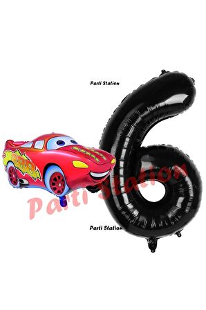 Cars Arabalar Balon Konsept 6 Yaş Balon Şimşek Mcqueen Balon ve Siyah Rakam Balon Doğum Günü Set