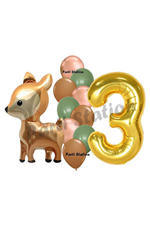 Woodland Geyik Balon 4 Yaş Balon Set Sevimli Ceylan Balon ve Gold Rakam Balon Doğum Günü Set