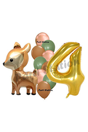 Woodland Geyik Balon 4 Yaş Balon Set Sevimli Ceylan Balon ve Gold Rakam Balon Doğum Günü Set