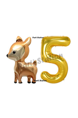 Woodland Geyik Balon 5 Yaş Balon Set Sevimli Ceylan Balon ve Gold Rakam Balon Doğum Günü Seti