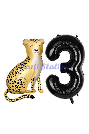 Safari Çita Balon 9 Yaş Balon Set Safari Konsept Çita Balon ve Siyah Renk Rakam Balon