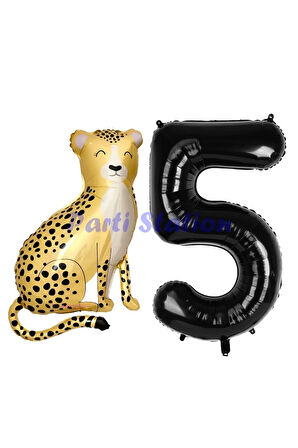 Safari Çita Balon 9 Yaş Balon Set Safari Konsept Çita Balon ve Siyah Renk Rakam Balon