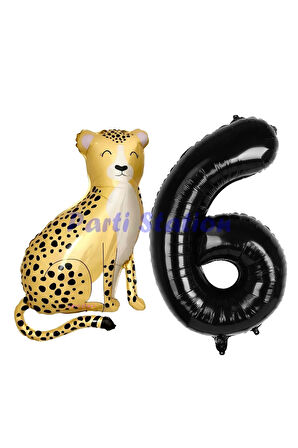 Safari Çita Balon 9 Yaş Balon Set Safari Konsept Çita Balon ve Siyah Renk Rakam Balon
