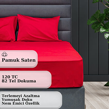 Pamuk Saten İpek Dokulu Çift Kişilik Çarşaf Seti | Lastikli Çarşaf | Kırmızı | 160x200 +40