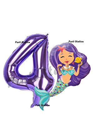 Mermaid Deniz Kızı 4 Yaş Balon ve Mor Rakam Balon Doğum Günü Parti Balon Set