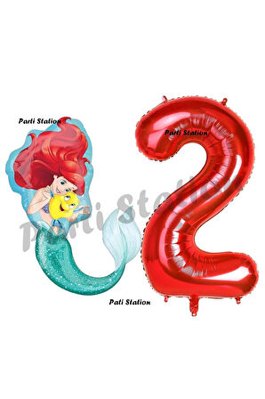 Mermaid Deniz Kızı Ariel 4 Yaş Balon ve Kırmızı Rakam Balon Doğum Günü Parti Balon Set