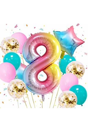 Gökkuşağı Rengarenk 8 Yaş Balon Set Yıldız Balon Folyo Set Konsept Doğum Günü Set Yaş Balon Set