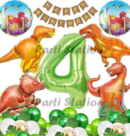 Orman Tema Jurassic Park Dinozor Konsept Yeşil Rakam Balon 4 Yaş Dev Balonlu Doğum Günü Balon Set