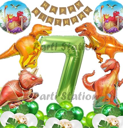 Orman Tema Jurassic Park Dinozor Konsept Yeşil Rakam Balon 7 Yaş Dev Balonlu Doğum Günü Balon Set