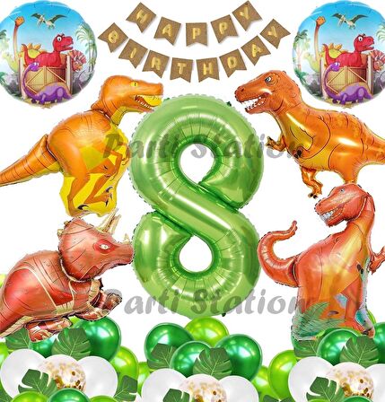 Orman Tema Jurassic Park Dinozor Konsept Yeşil Rakam Balon 8 Yaş Dev Balonlu Doğum Günü Balon Set