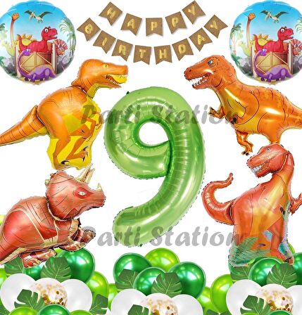 Orman Tema Jurassic Park Dinozor Konsept Yeşil Rakam Balon 9 Yaş Dev Balonlu Doğum Günü Balon Set