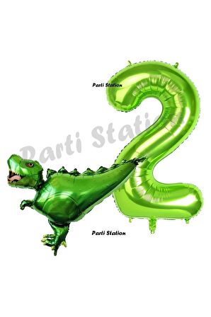 T-Rex Dinozor Konsept 2 Yaş Balon Set Dinozor Balon ve Yeşil Rakam Balon Doğum Günü Set