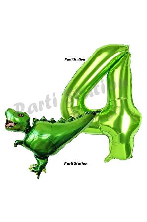 T-Rex Dinozor Konsept 4 Yaş Balon Set Dinozor Balon ve Yeşil Rakam Balon Doğum Günü Set