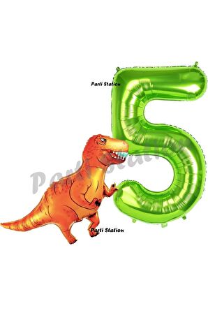 Dinozor Konsept 5 Yaş Balon Set Dinozor T-Rex Balon ve Yeşil Rakam Balon Doğum Günü Set