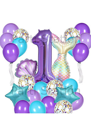 Mor Deniz Kızı Konsept 1 Yaş Balon Set Deniz Kızı Mermaid Tema Doğum Günü Folyo Balon Set