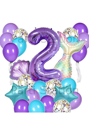 Mor Deniz Kızı Konsept 1 Yaş Balon Set Deniz Kızı Mermaid Tema Doğum Günü Folyo Balon Set