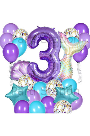 Mor Deniz Kızı Konsept 1 Yaş Balon Set Deniz Kızı Mermaid Tema Doğum Günü Folyo Balon Set