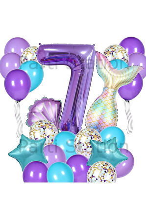 Mor Deniz Kızı Konsept 1 Yaş Balon Set Deniz Kızı Mermaid Tema Doğum Günü Folyo Balon Set