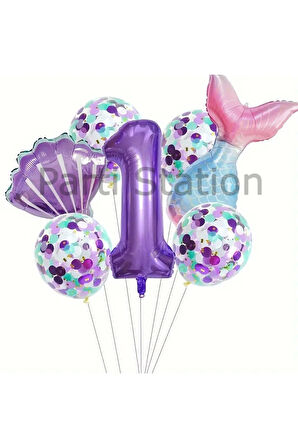 Deniz Kızı Konsept 6 Yaş Balon Set Mor Deniz Kızı Mermaid Tema Doğum Günü Folyo Balon Set