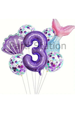 Deniz Kızı Konsept 6 Yaş Balon Set Mor Deniz Kızı Mermaid Tema Doğum Günü Folyo Balon Set