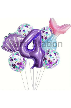 Deniz Kızı Konsept 6 Yaş Balon Set Mor Deniz Kızı Mermaid Tema Doğum Günü Folyo Balon Set