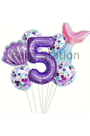 Deniz Kızı Konsept 6 Yaş Balon Set Mor Deniz Kızı Mermaid Tema Doğum Günü Folyo Balon Set