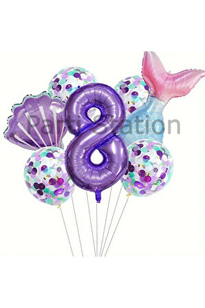 Deniz Kızı Konsept 6 Yaş Balon Set Mor Deniz Kızı Mermaid Tema Doğum Günü Folyo Balon Set