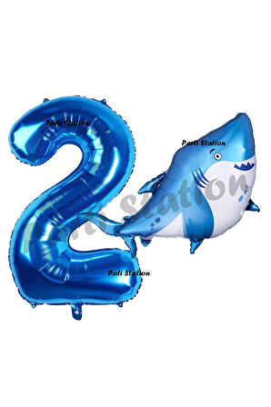 Köpek Balığı Balon 2 Yaş Doğum Günü Balon Set Köpek Balığı Konsept Balon ve Lacivert Rakam Balon
