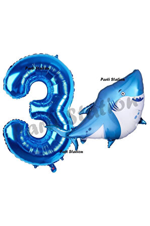 Köpek Balığı Balon 2 Yaş Doğum Günü Balon Set Köpek Balığı Konsept Balon ve Lacivert Rakam Balon