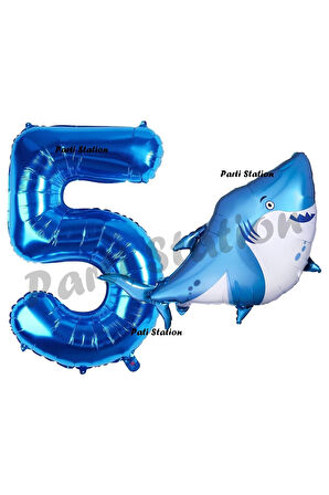 Köpek Balığı Balon 2 Yaş Doğum Günü Balon Set Köpek Balığı Konsept Balon ve Lacivert Rakam Balon