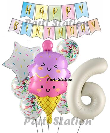 İce Cream Dondurma Konsept Doğum Günü 6 Yaş Balon Set Yaz Tema Sevimli Dondurma Folyo Balon Set