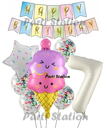 İce Cream Dondurma Konsept Doğum Günü 7 Yaş Balon Set Yaz Tema Sevimli Dondurma Folyo Balon Set