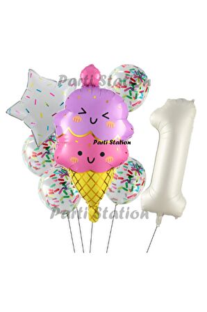 Dondurma İce Cream Konsept Doğum Günü 1 Yaş Balon Set Yaz Tema Sevimli Dondurma Folyo Balon Set