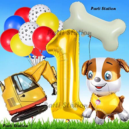 Paw Patrol Rubble Dozer Araçlı Köpek Konsept 1 Yaş Doğum Günü Parti Balon Set Paw Patrol Kemik Balon