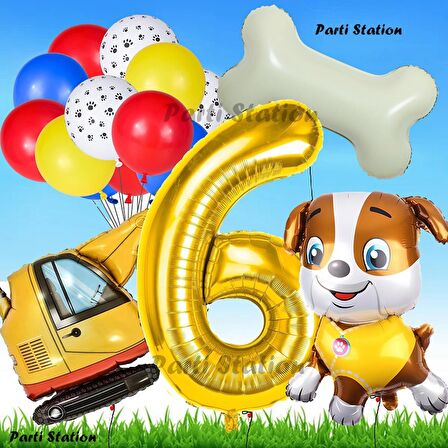 Paw Patrol Rubble Dozer Araçlı Köpek Konsept 6 Yaş Doğum Günü Parti Balon Set Paw Patrol Kemik Balon
