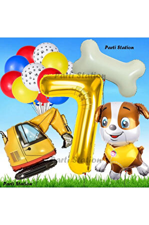 Paw Patrol Rubble Dozer Araçlı Köpek Konsept 3 Yaş Doğum Günü Parti Balon Set Paw Patrol Kemik Balon