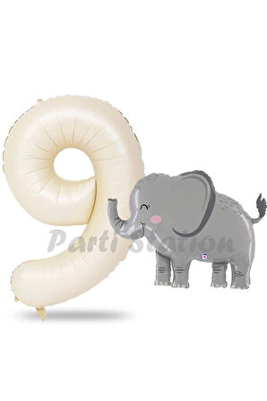 Sevimli Fil Balon 3 Yaş Doğum Günü Balon Set Safari Konsept Fil Balon ve Krem Renk Rakam Balon
