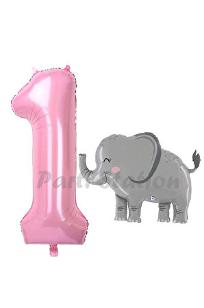 Sevimli Fil Balon 4 Yaş Doğum Günü Balon Set Safari Konsept Fil Balon ve Pembe Renk Rakam Balon