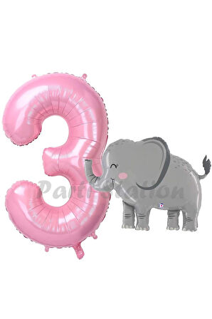 Sevimli Fil Balon 4 Yaş Doğum Günü Balon Set Safari Konsept Fil Balon ve Pembe Renk Rakam Balon