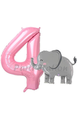 Sevimli Fil Balon 4 Yaş Doğum Günü Balon Set Safari Konsept Fil Balon ve Pembe Renk Rakam Balon