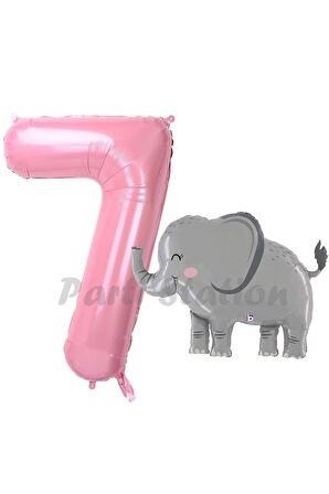 Sevimli Fil Balon 4 Yaş Doğum Günü Balon Set Safari Konsept Fil Balon ve Pembe Renk Rakam Balon